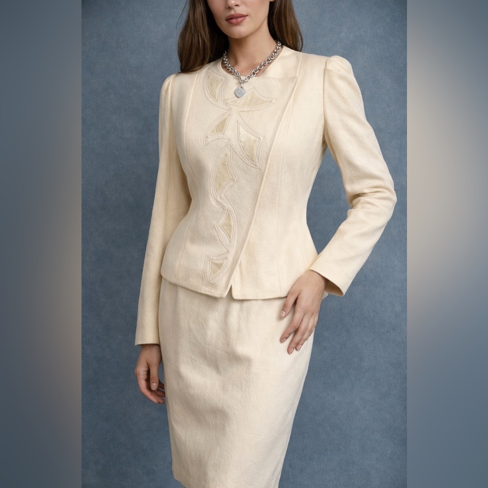 Vintage 80s applique skirt set ivory wool suit-4